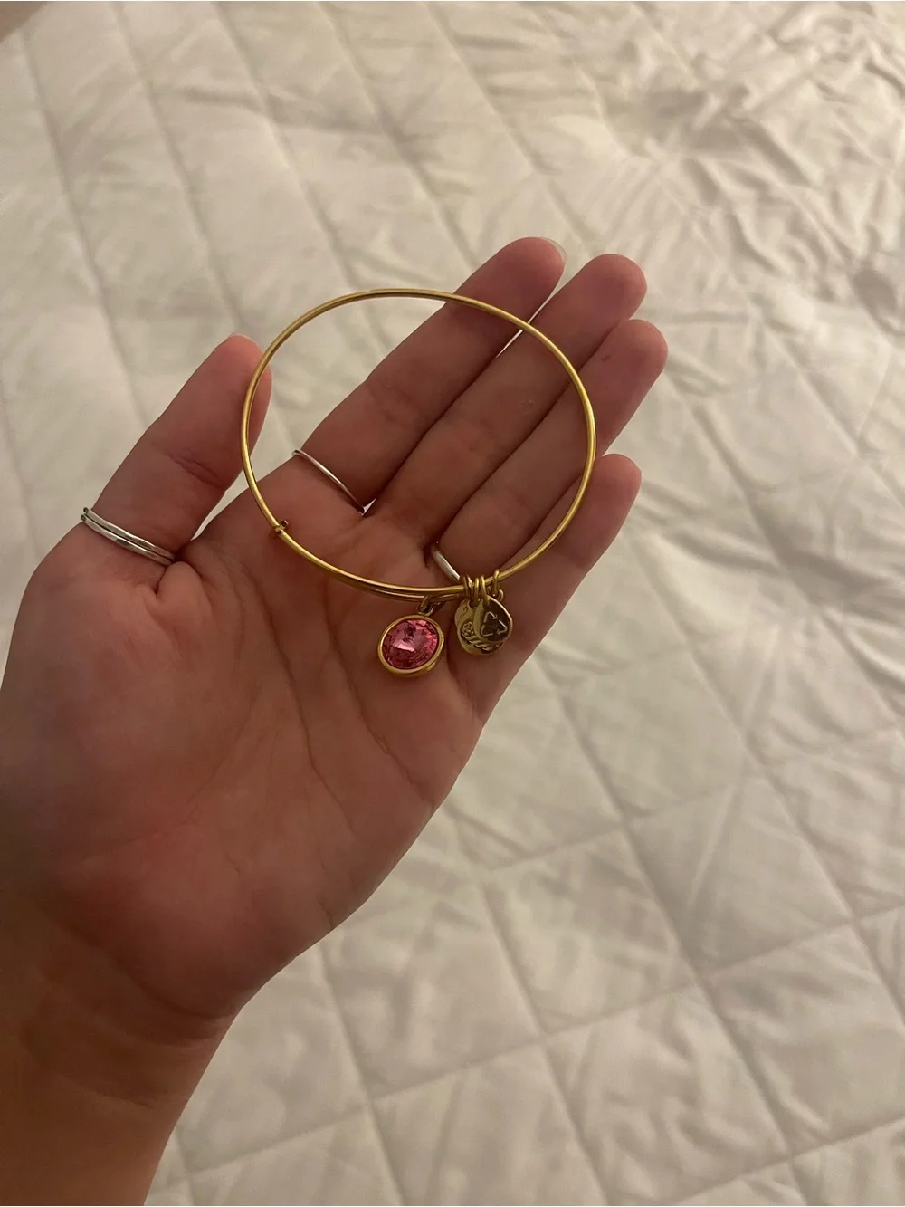 Alex and Ani Gold-Tone Bangle with Pink Crystal Charm